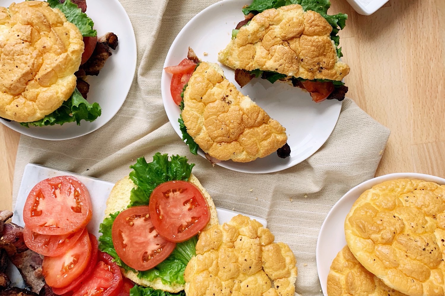 Classic low carb cloud bread used to make BLT sandwiches.