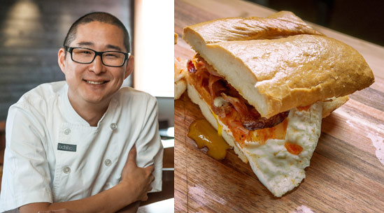 Tim Dornon created this magnificent fried egg sandwich with kimchi and bacon. This sandwich has crusty bread, kimchi, crispy bacon, and homemade mayonnaise. | peteandgerrys.com 