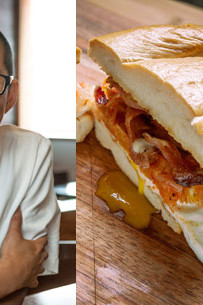 Tim Dornon created this magnificent fried egg sandwich with kimchi and bacon. This sandwich has crusty bread, kimchi, crispy bacon, and homemade mayonnaise. | peteandgerrys.com 