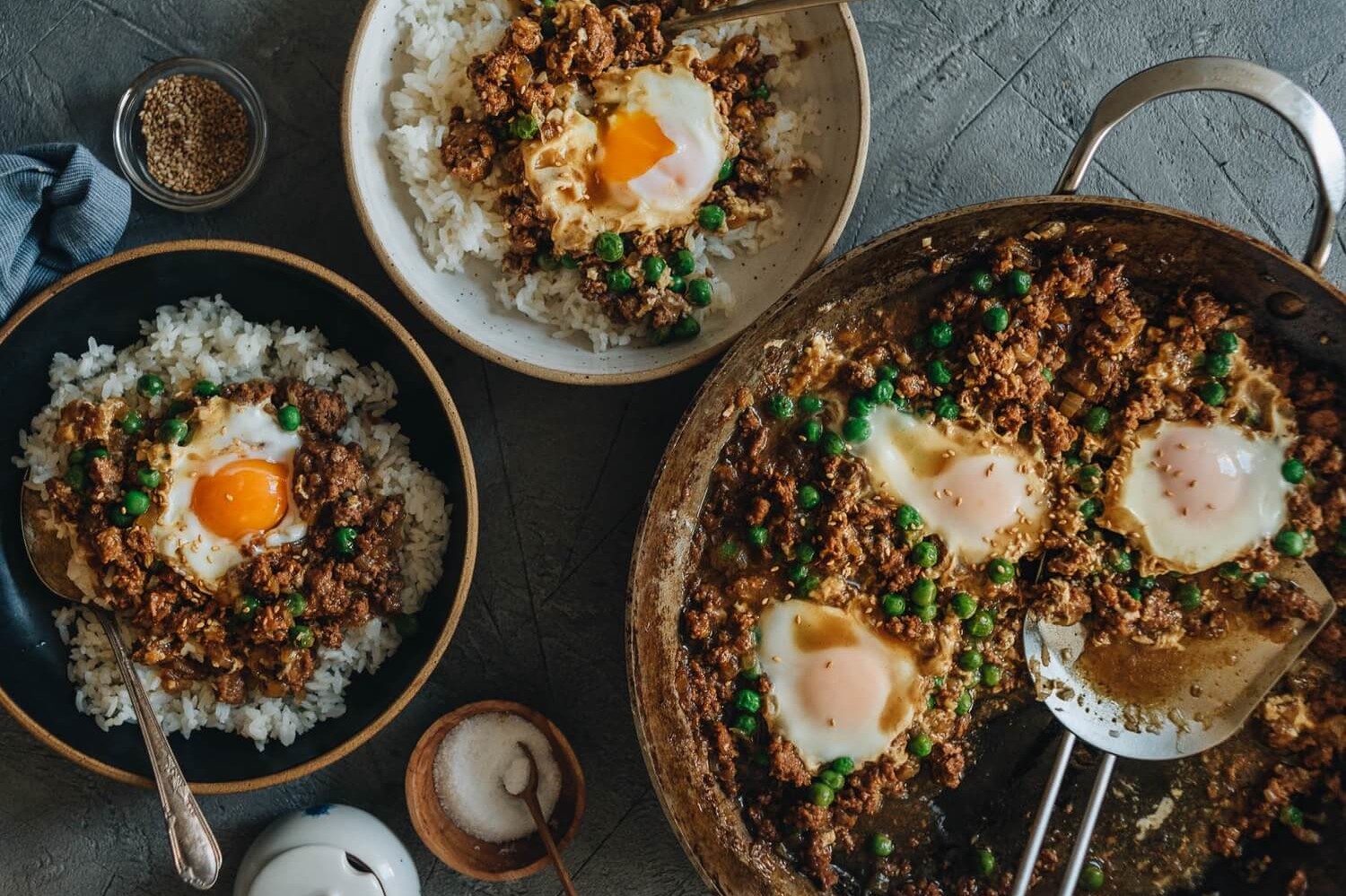 A Cantonese dish made with saucy ground beef, peas, and eggs with a deep umami flavor. Served over rice. | peteandgerrys,com