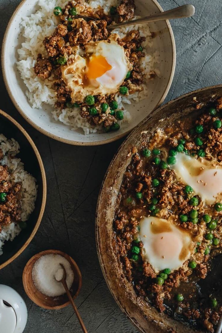 A Cantonese dish made with saucy ground beef, peas, and eggs with a deep umami flavor. Served over rice. | peteandgerrys,com