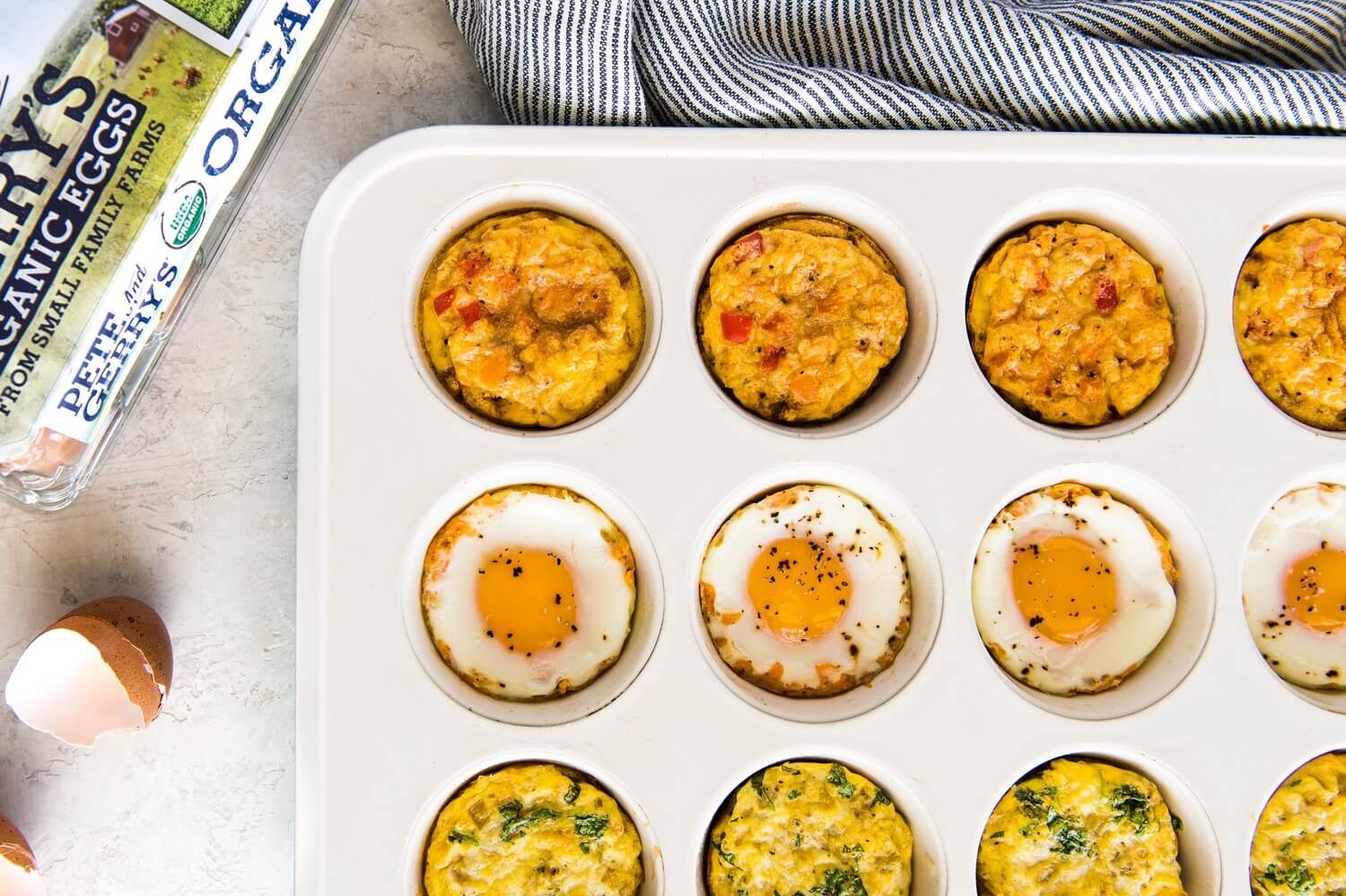 Quick and easy egg bites prepared in a sheet pan. These protein-packed bites are filled with a variety of flavorful and healthy fillings. | peteandgerrys.com