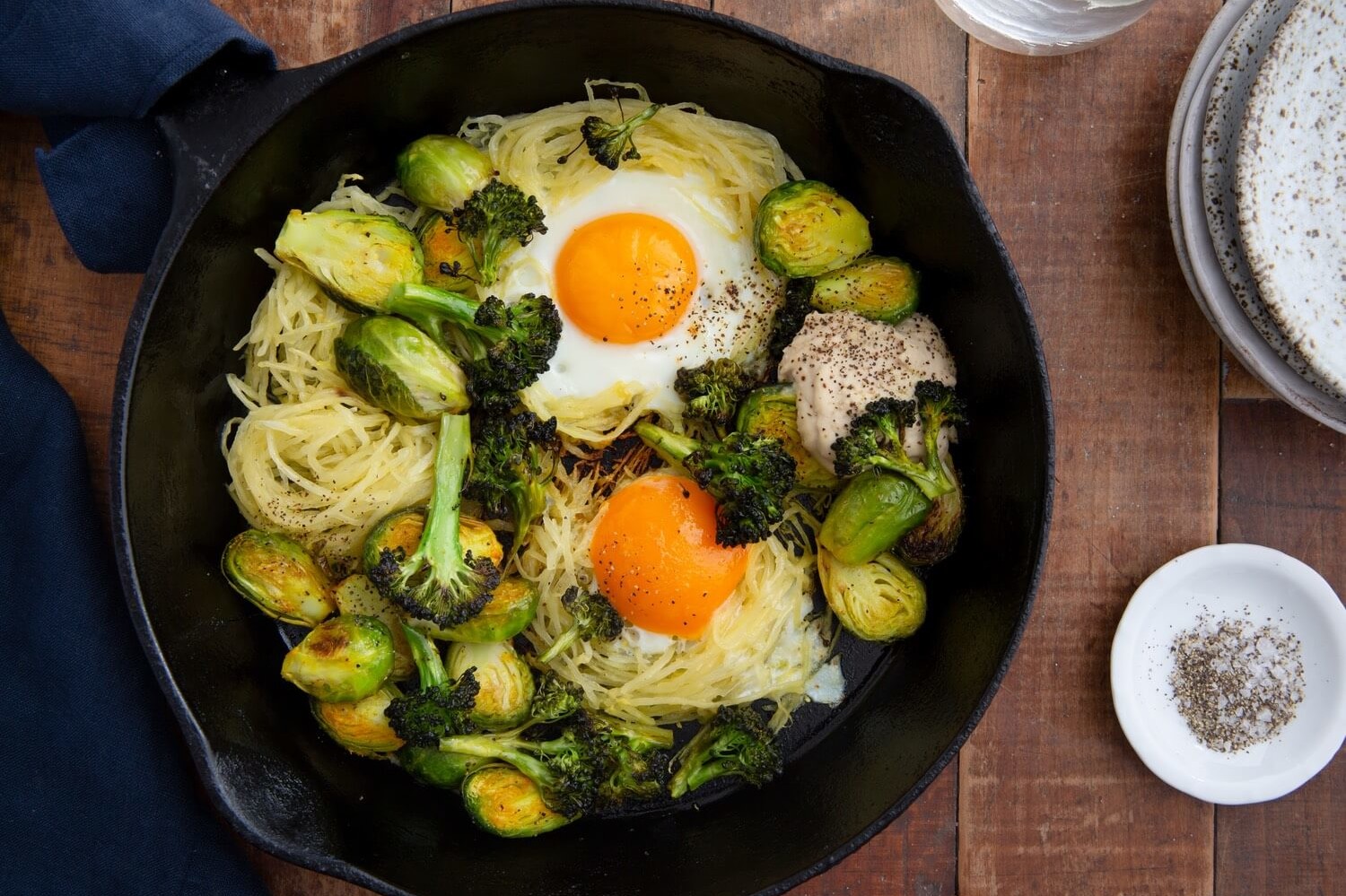 This healthy egg skillet is made with spaghetti squash, brussel sprouts, avocado oil, and organic eggs. | peteandgerrys.com 