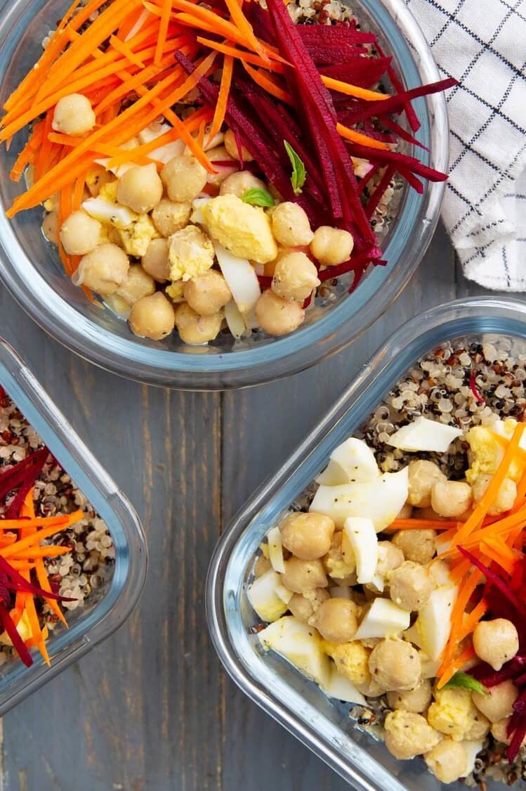 These Mediterranean bowls are the perfect make-ahead meal. They feature quinoa, hard-boiled eggs, carrots, beets, chickpeas, and a greek yogurt dressing. | peteandgerrys.com 