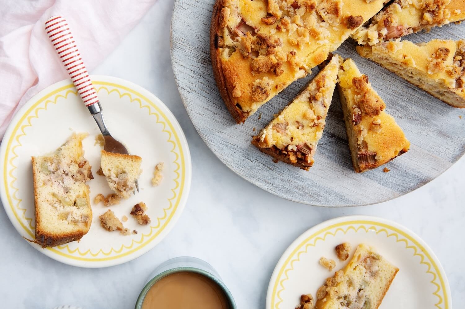 This keto rhubarb coffee cake is made with fresh rhubarb, whey protein powder, and almond milk. The cake is baked until golden brown. | peteandgerrys.com 