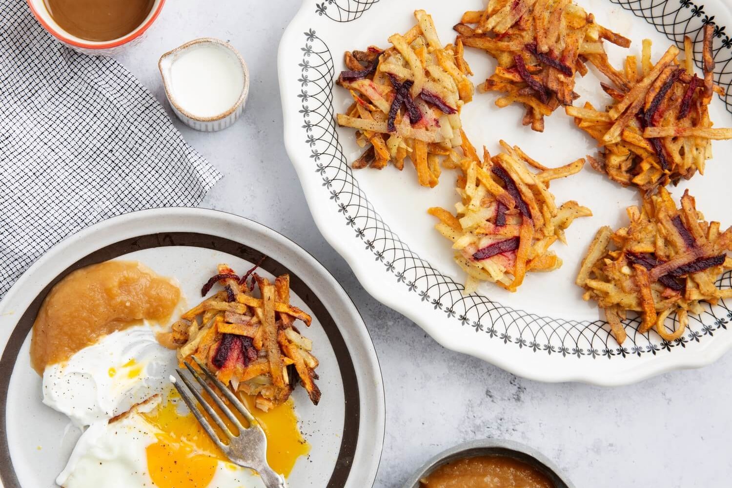 These root vegetable pancakes feature your favorite root vegetables, shredded, and mixed with flour, onion, and an organic egg. Serve with fried eggs or ketchup. | peteandgerrys.com 