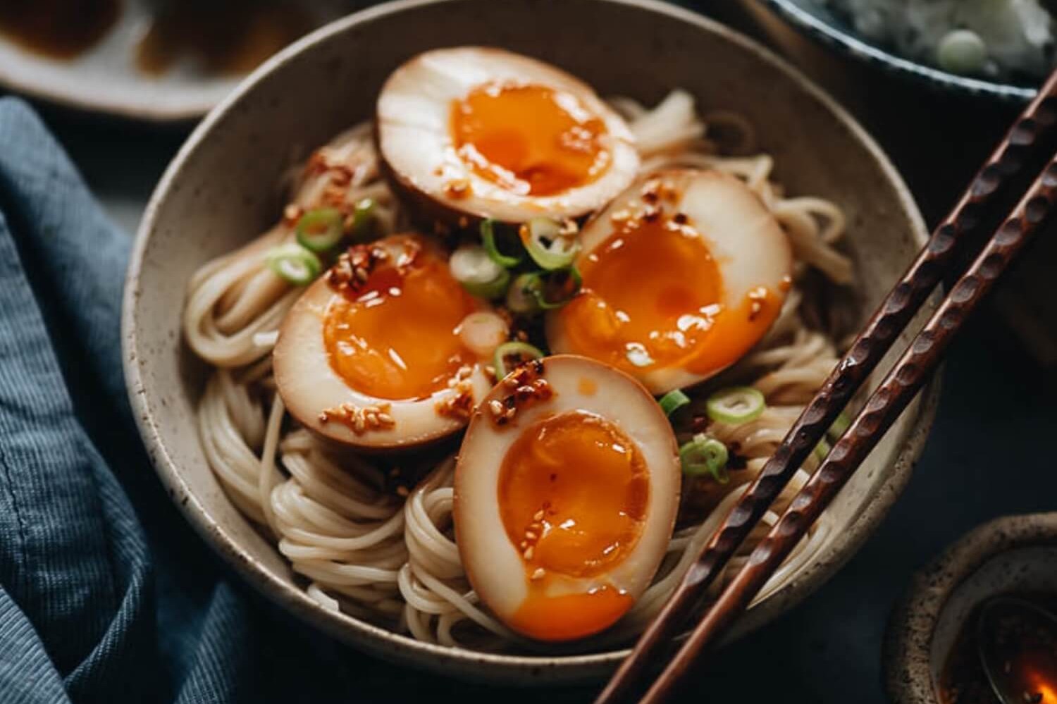 Soy sauce and Asian flavored soft boiled organic eggs, sit atop of ramen noodles, and rice. This dish is topped with scallions. | peteandgerrys.com 