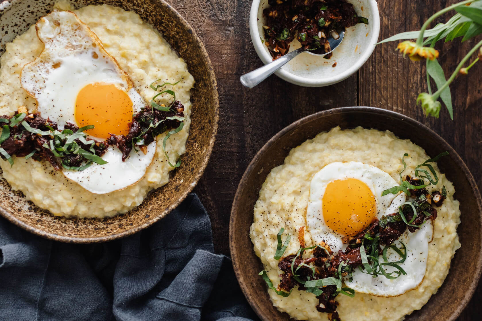 This sweet corn polenta features a homemade relish made with sun-dried tomatoes, fresh garlic, basil, lemon, and red pepper flakes. | peteandgerrys.com 